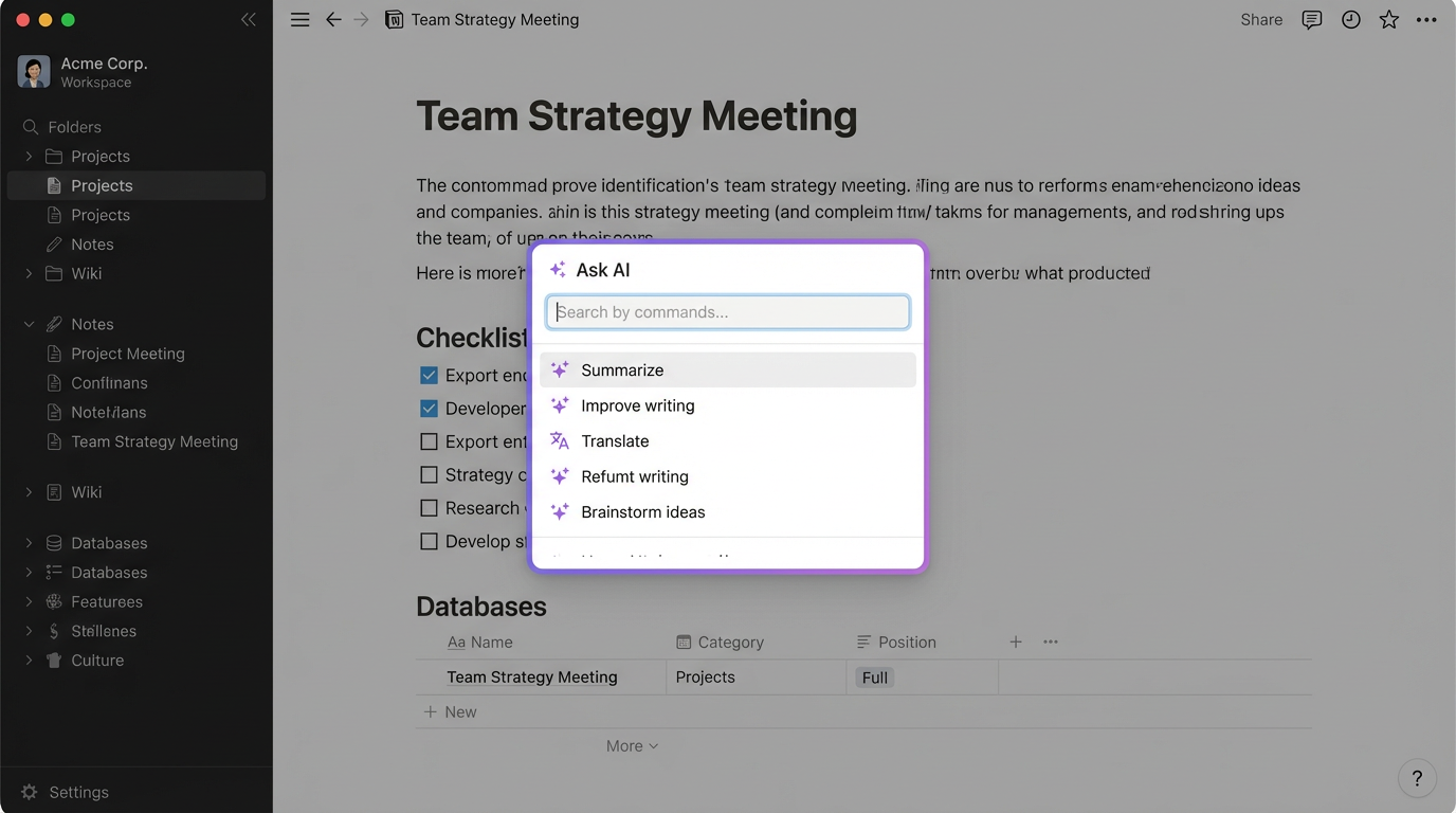 Notion AI dashboard showing project tracking with charts, visualizations, and AI-powered features
