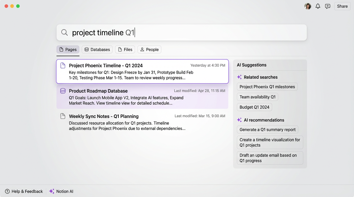 Workspace search finding information across Notion pages and connected apps in seconds