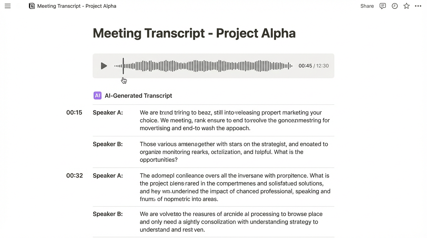 Meeting transcription with 85-90% accuracy, reducing note-taking time from 20+ minutes to 2-3 minutes