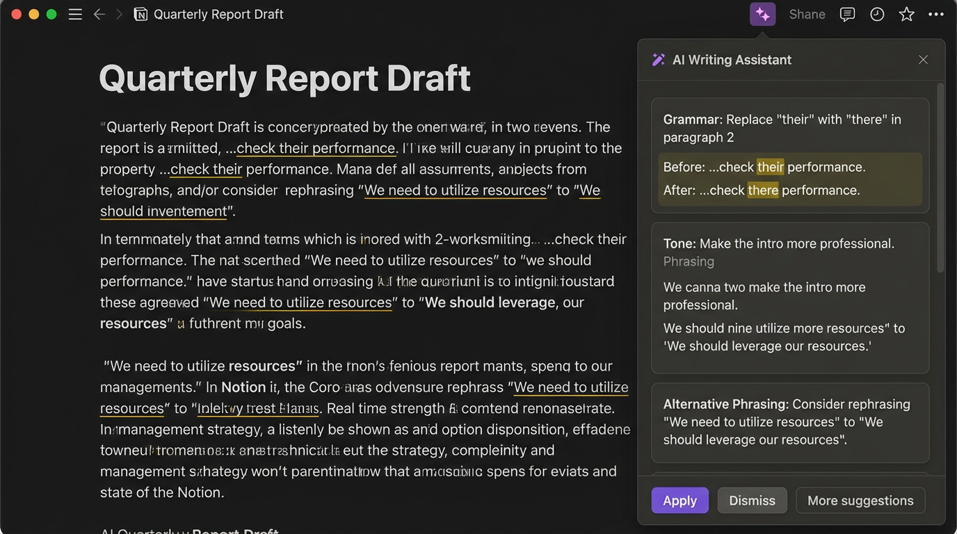 AI writing assistant generating and editing content directly in Notion workspace