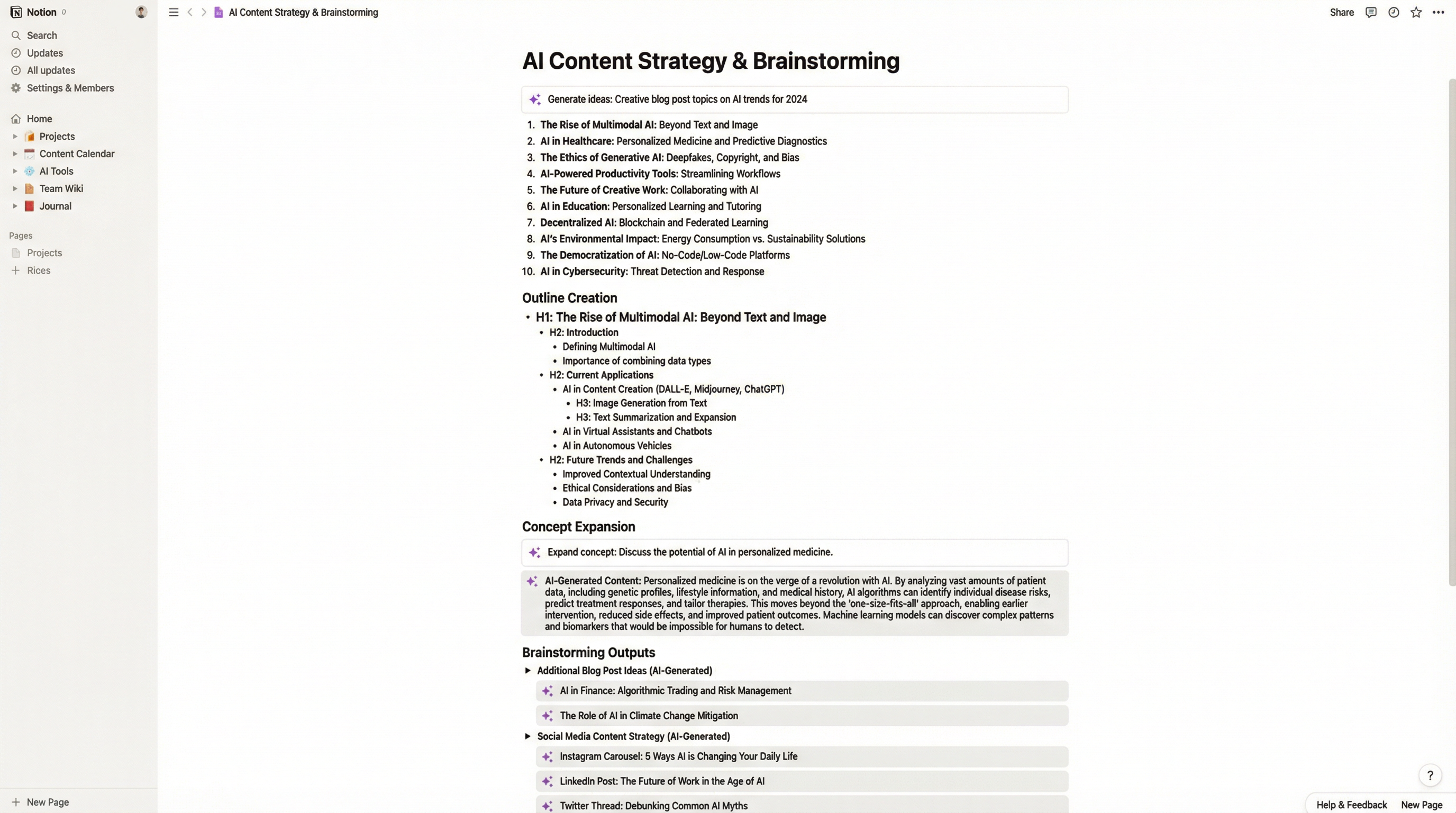 Notion AI Brainstorming and Content Generation