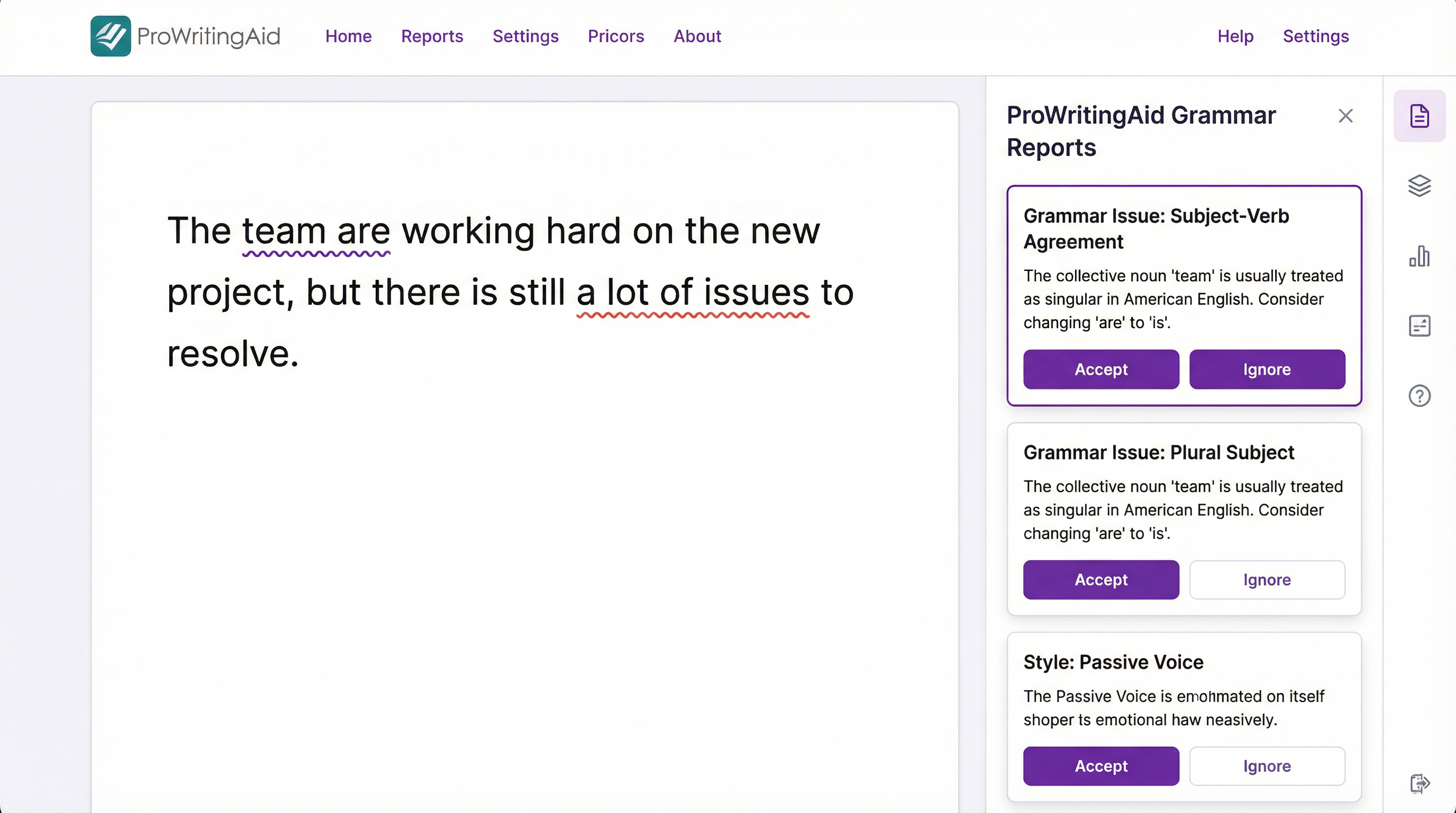 Style Editor highlighting passive voice and offering alternative suggestions