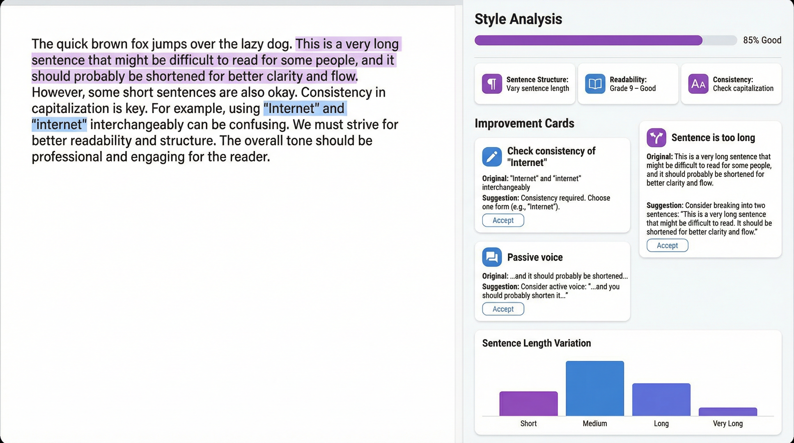 Readability Report showing Flesch Reading Ease score and highlighting complex sentences