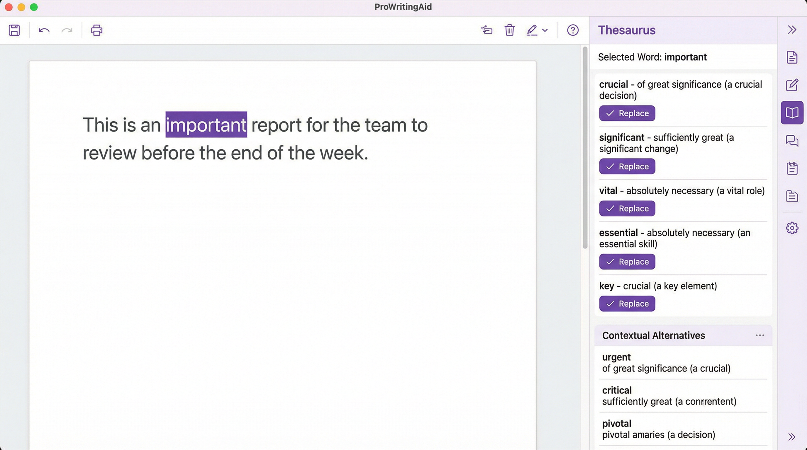 Overused Words Report highlighting frequently used words and suggesting alternatives