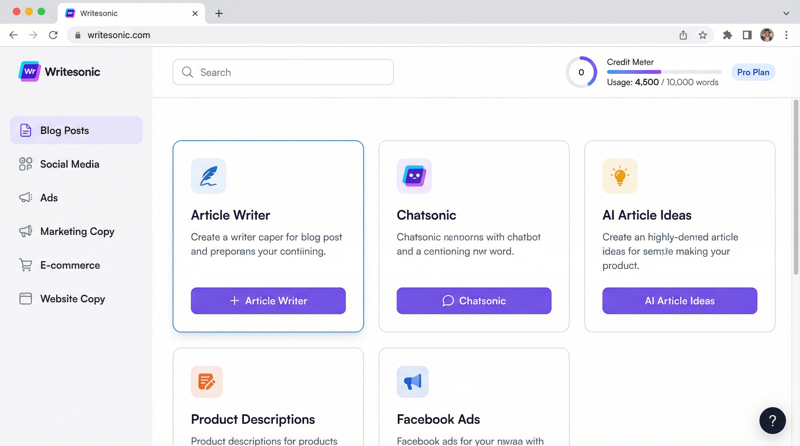 Writesonic's intuitive dashboard with access to 50+ content templates and AI-powered features
