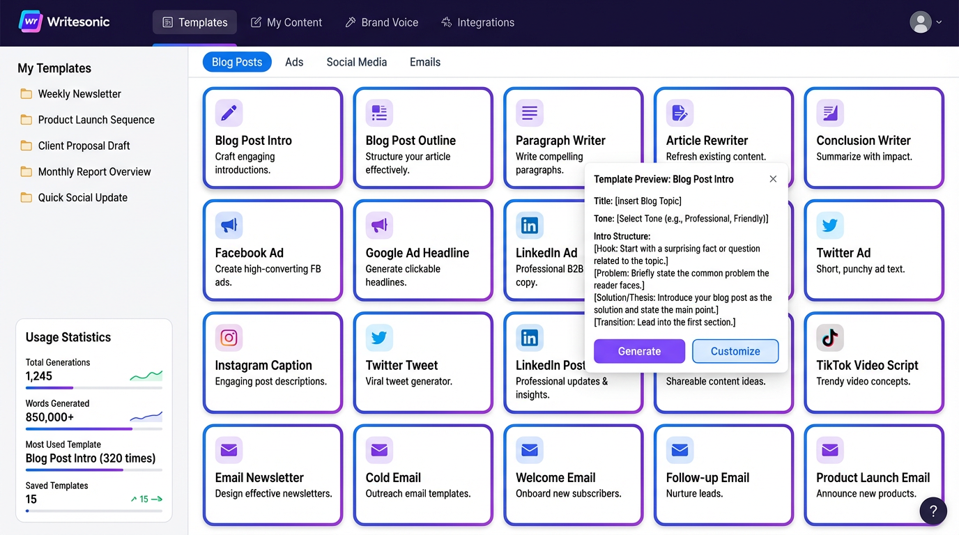 Wide library of templates for various content types including product descriptions and marketing copy